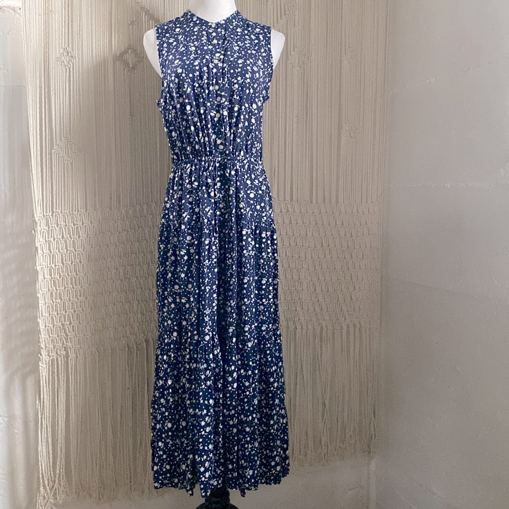 Chaps Navy Blue Floral Sleeveless Button Up Tie Waist Maxi Dress